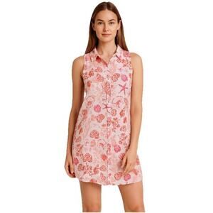 Sigrid Olsen Women Linen Button Up Shirt Dress L White Coral Shell Beach Coastal